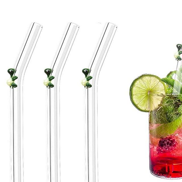 3pcs Reusable Glass Straws Green Turtle on Clear Bent Straw 8 in x 9 mm With Cleaning Brush, Perfect for Smoothies, Cocktails
