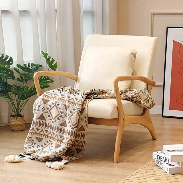 ELUCHANG Accent Chair with Lumbar Pillow,Mid-Century Modern Accent Chair Armchair, Linen Fabric Comfy Reading Chair Lounge Side Chair for Living Room Bedroom Apartment,Easy Assembly(Beige)