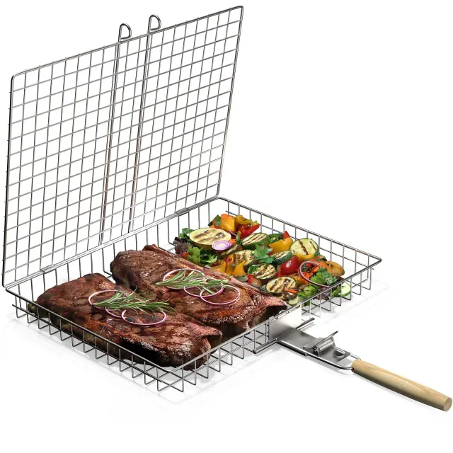 Sorbus Stainless Steel Large Folding Barbecue Grilling Basket with Handle - for Fish, Shrimp, Vegetables, Grilling Accessories, Outdoor Cooking
