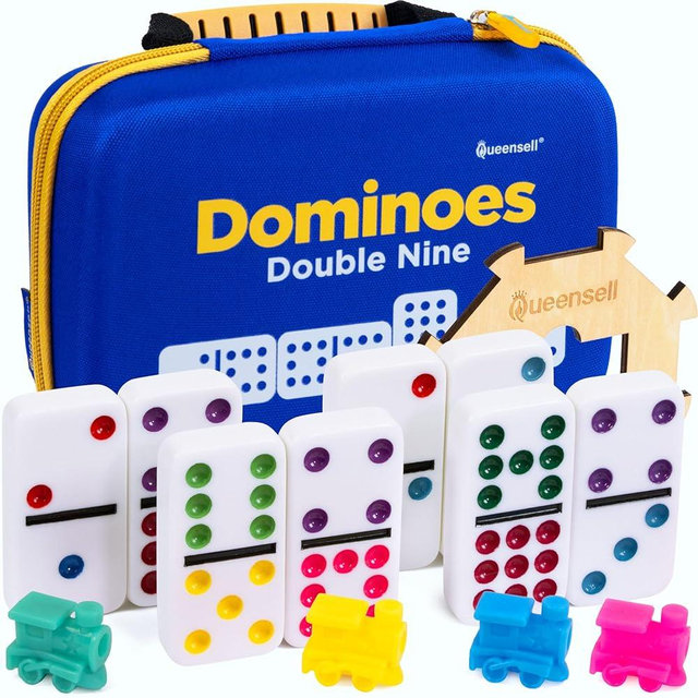 Queensell Double 9 Dominos Set for Adults and Kids with Colored Dots – Classic Dominoes Game Set with 55 Tiles, Wooden Hub, Trains and EVA Carrying Case