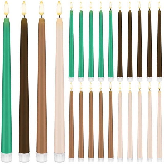 Baquler 24 Pcs 11'' Green Brown Flameless Taper Candles Woodland Battery Operated Candles LED Plastic Flickering Candlesticks for Wedding Church Dinner Home Christmas Party Decor