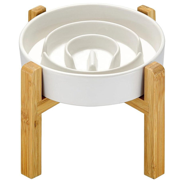 MOPANG Ceramic Slow Feeder Dog Bowls Elevated for Medium and Large Breed, 2.0 Cups Dog Slow Feeder with Wooden Stand, Puzzle Dog Bowl to Slow Down Eating, Maze Dog Bowl, 30oz, 8in, White