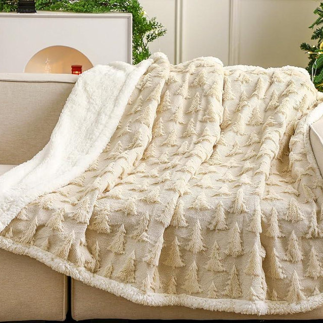Remagr Christmas Sherpa Throw Blanket 3D Christmas Tree Snowflake Reindeer Double-Sided Thick Soft Plush Fluffy Decoration for Couch, Bed, Sofa Holiday Party Gifts, 50" x 60"(Beige,Xmas Tree)
