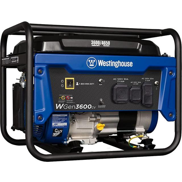 Westinghouse WGen3600cv Portable Generator, 4650 Peak Watts & 3600 Rated Watts, RV Ready 30A Outlet, Gas Powered, CO Sensor, CARB Compliant