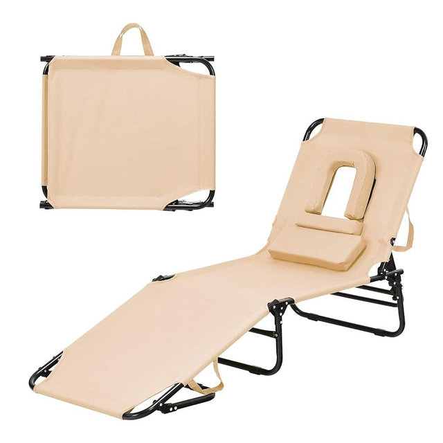gotoplay Folding Beach Lounge Chair w/ 5 Adjutable Backrest & Padded Pillow, Sunbathing Lounger Chair, Sun Tanning Lay Flat Chair for Seaside Pool Deck, Max Load 330 LBS, No Assembly Required (Beige)