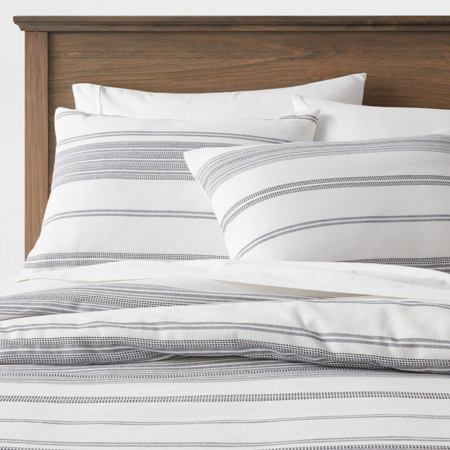 King Cotton Woven Stripe Duvet Cover & Sham Set White/Navy - Threshold™