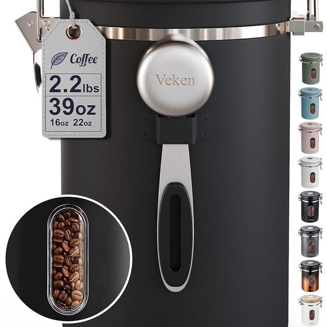 Veken Large Coffee Canister with Window, Kitchen Food Storage Airtight Stainless Steel Container for 2.2lbs Coffee Beans, Grounds, Rice,Tea, Flour, Cereal, Sugar Jars,Date Tracker and Scoop 39oz,Black