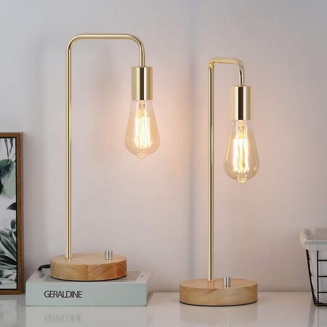 Edison Lamp, Industrial Table Lamp, Wood Desk Lamp for Dressers, Gold Nightstand Lamps for Bedside, Bedroom, College Dorm, Study Desk, Coffee Table (Set of 2)