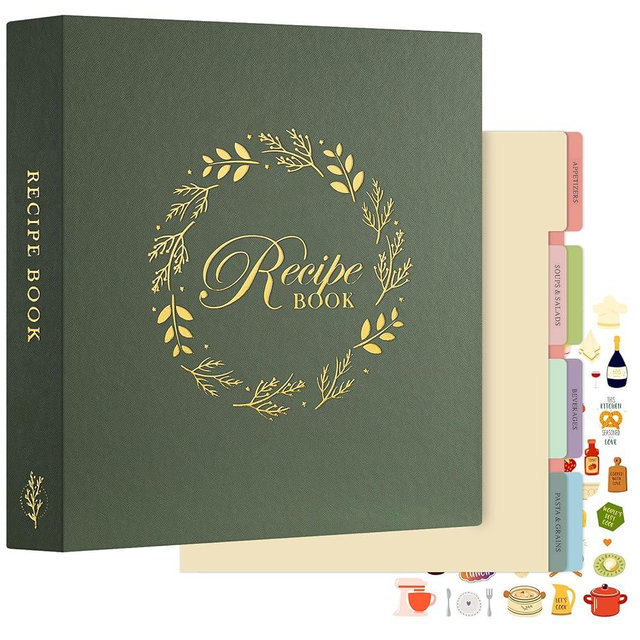 Lanpn Recipe Binder 8.5x11 3 Ring Kit, Waterproof Organizer Binder to Write in Your Own Recipes, Blank Recipe Book with 60 Plastic Sleeves,116 Recipes, Dividers, Labels & Stickers, Green
