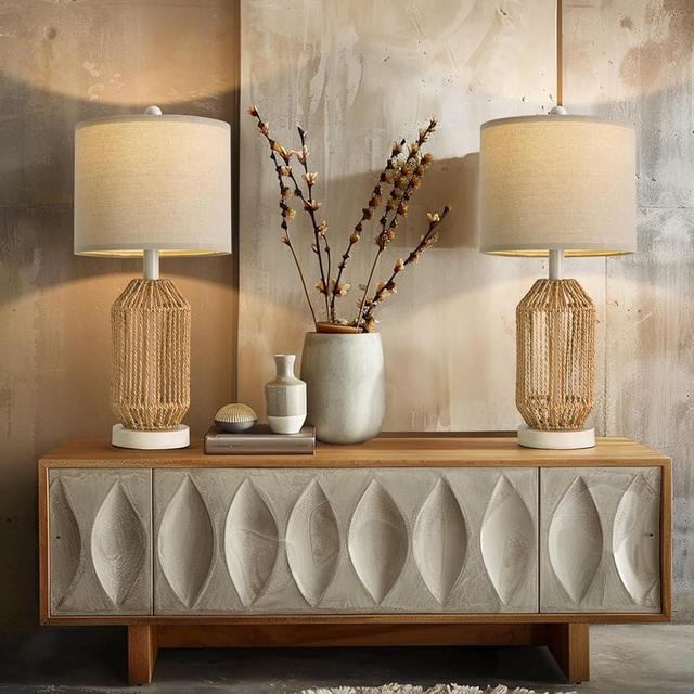 OYEARS 21" Boho Table Lamps Set of 2 for Living Room, Bedside Lamps for Nightstand, Rattan Lamp for Bedroom, Farmhouse Table Lamps for Boho Decor, End Table, Retro, White