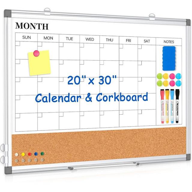 Monthly Calendar Whiteboard Dry Erase Cork Board Combo for Wall, 30" x 20" Magnetic Double-Sided Calendar White Board and Bulletin Board, Portable Board for Office, Kitchen, School, Home, Dorm