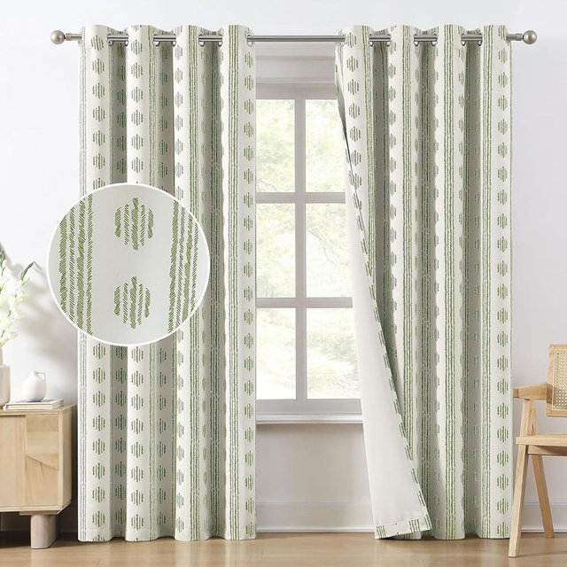 Melodieux Blackout Boho Curtains for Bedroom Room Darkening Curtains 63 Inches Long for Living Room Sage Green on Beige Striped Pattern Cotton Curtain 2 Panel Sets Grommet Thermal Insulated