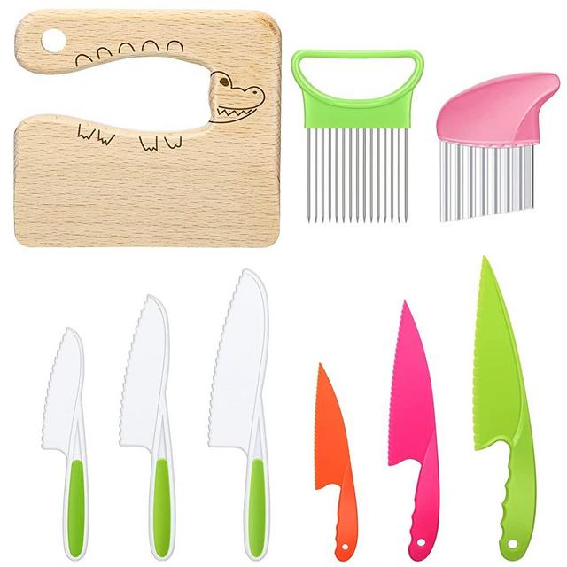 9 Pieces Wooden Kids Kitchen Knife, Include 6 Pieces Kids Plastic Knife Wooden Kids Knife Potato Slicers and Onion Slicer Wood Kids Knife Kids Plastic Knife for Kitchen (Crocodile Style)