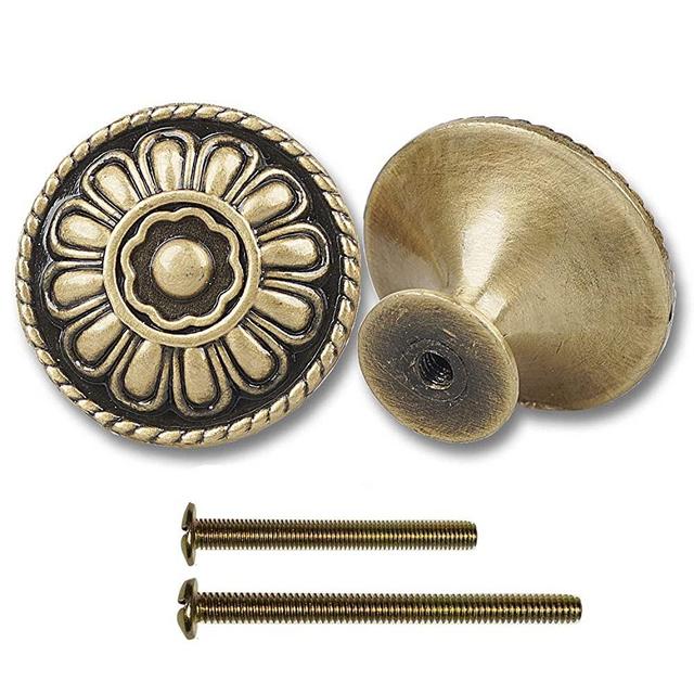 9-Pack of Antique Brass Kitchen Cabinet Knobs Pull - Vintage Aged Drawer and Dresser Round Handles Knobs - Antique Gold Knobs with Floral for Rustic Touch