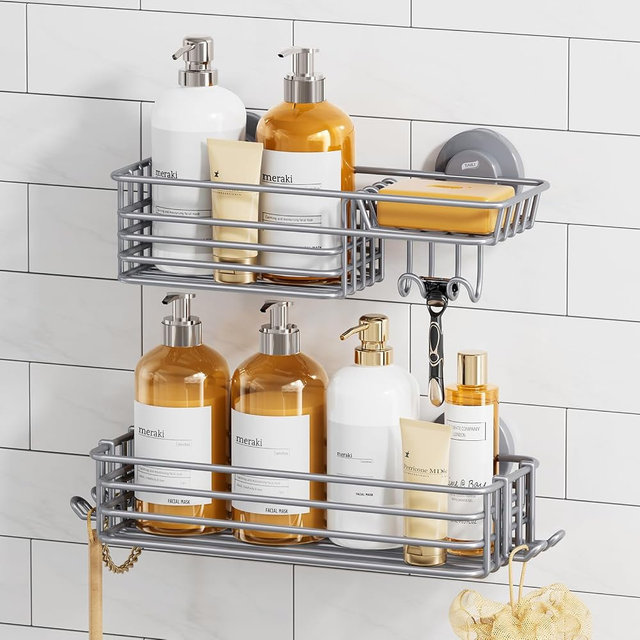 TAILI Shower Caddy Suction Cup 2 Pack with Hooks & Soap Holder, Heavy Duty Shower Organizer for Bathroom, No Drilling Bathroom Organizer with Large Capacity, Metal Storage Holder-Grey