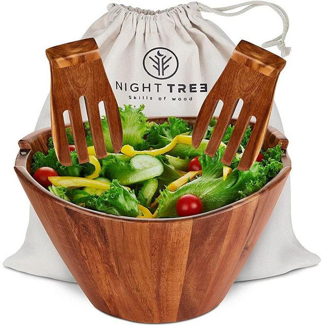 Acacia Wooden Salad Bowl Set with Serving Forks - Magnetic Serving Utensils Attached to the Large 12 Inch Bowl for 6-8 Helpings - Each Wood Bowl is Unique - Strong and Leak Proof with Fabric Bag