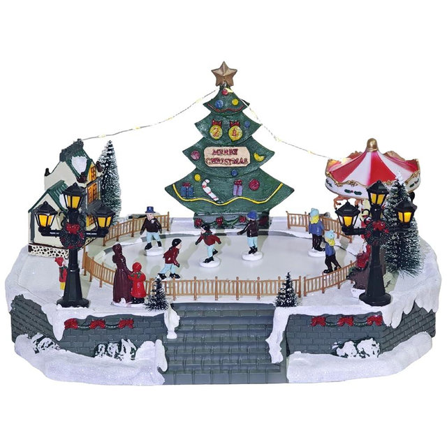 MerryPulse Christmas Village Ice Skating Rink Colorful Animated Decorations with 6 Magnetic Moving Skater Figurines Musical Christmas Skating Pond