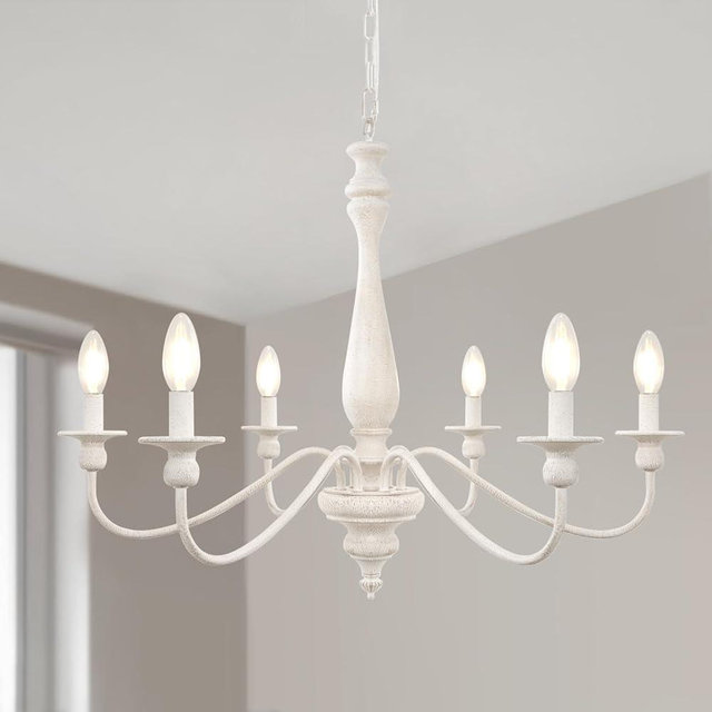 French Country Chandelier, 6 Lights Wood Farmhouse Chandeliers for Dining Room Lighting Fixtures Hanging, Distressed White Chandelier with Metal Candle Arm for Living Room Kitchen Foyer
