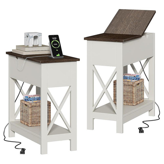 ChooChoo End Table with Charging Station, Narrow Flip Top Side Table with USB Ports & Power Outlets for Small Spaces, Nightstand Sofa Table for Living Room, Bedroom, White and Brown, 2 Pack