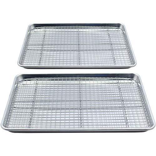 Checkered Chef Baking Sheet and Rack Set - Twin Pack- 2 Aluminum Cookie Sheets/Half Sheet Pans With 2 Stainless Steel Oven Safe Cooling Racks