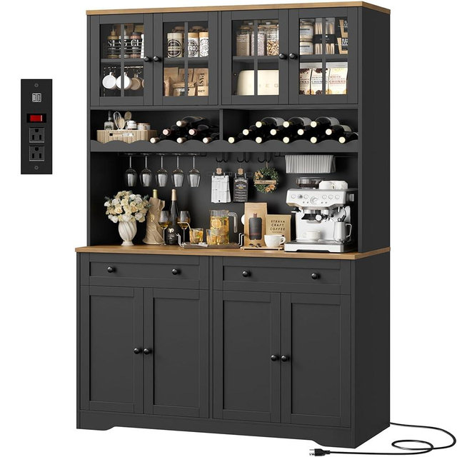 HOSTACK 75.4" Tall Kitchen Pantry Cabinet with Charging Station, Modern White Kitchen Hutch with Microwave Stand and Wine Rack, Large Food Pantry Storage Cabinet with Glass Doors and Drawers, Black