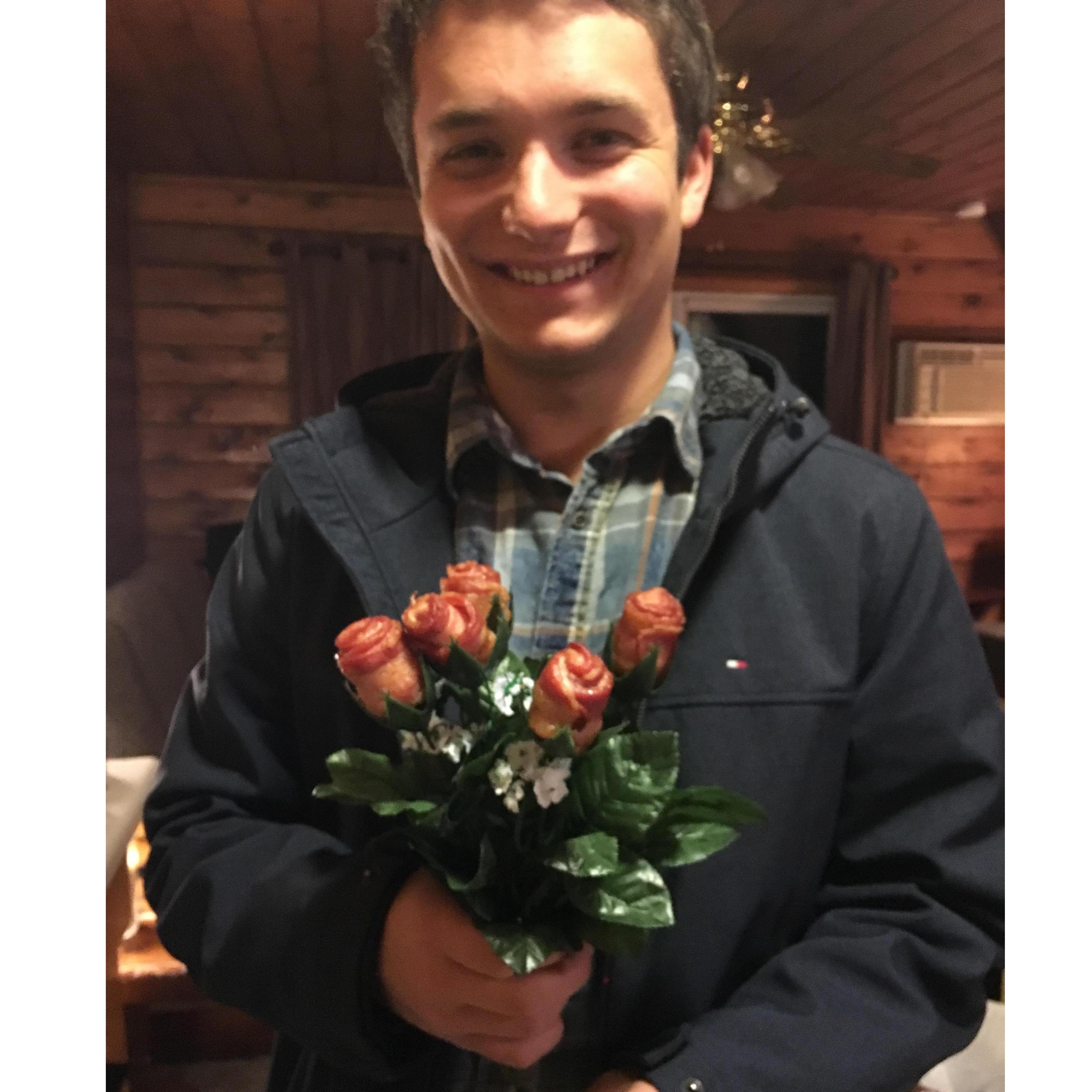 Alex with the bacon bouquet I made for him, valentines day 2017