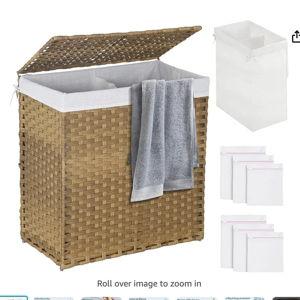 HKLGorg Wicker Laundry Hamper 110L with Lid & 2 Removable Liner Bags for Bedroom & Bathroom, Natural