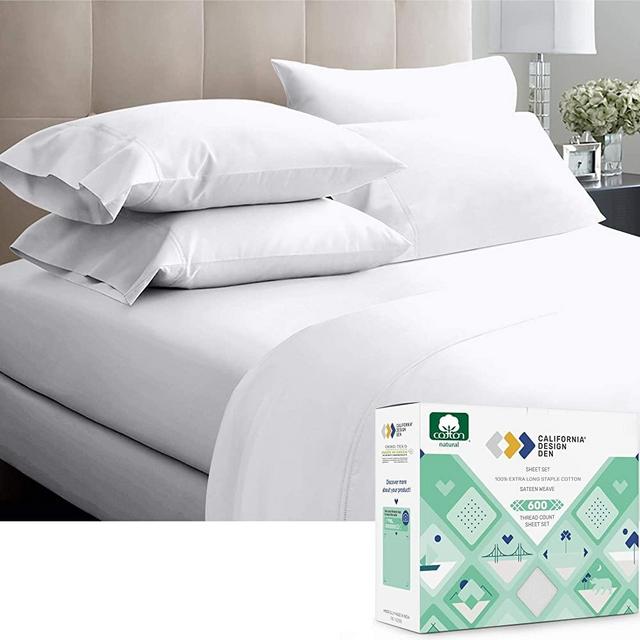 Premium 600-Thread-Count 100% Natural Cotton Sheets - 4-Piece California King Size White Sheet Set - Extra Long-Staple Combed Cotton, Sateen Weave Bed Sheets, Fits Mattress 16'' Deep Pocket