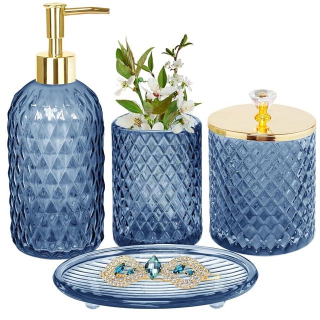 Blue Bathroom Accessories Set, 4Pcs Glass Bathroom Accessory Set Complete w/Lotion Soap Dispenser, Toothbrush Holder, Qtip Holder, Soap Dish, Gold Bathroom Decor Sets, Gift for Home Apartment