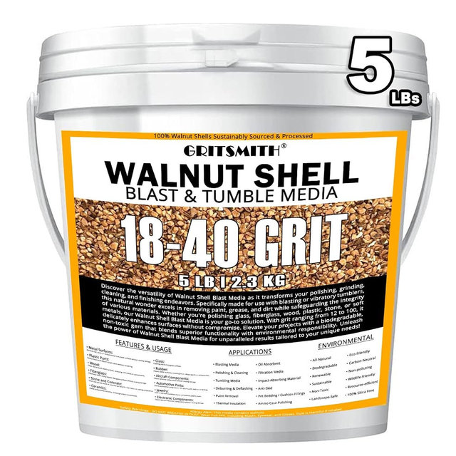 GRITSMITH 18-40 Grit Ground Walnut Shell Media (5 LBS / 2.3 KG) - Fine Grit for Tumbling, Blasting, Vibratory, Polishing, Deburring, Anti-Skid, Fillers