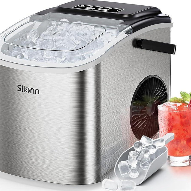 Silonn Ice Makers Countertop, Portable Ice Maker with Self-Cleaning 9 Cubes Ready in 6 Mins 26Lbs/24H 2 Sizes of Bullet Ice, Ice Machine for Home Kitchen and Office Bar Party,Stainless Steel