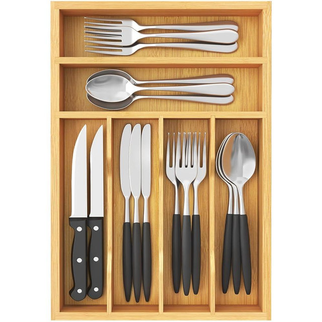 Lifewit Silverware Drawer Organizer, Utensil Tray for Kitchen, Flatware and Cutlery Holder, Storage for Spoons Forks Knives, 25 x 39cm, Natural