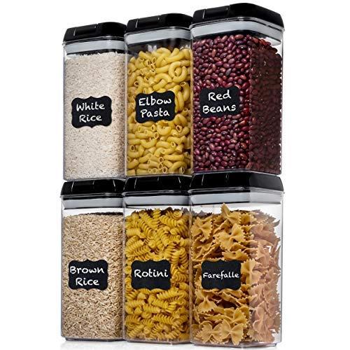 Shazo Airtight Food Storage Container (Set of 6) - BONUS Measuring Cup - Labels & Marker - Durable Plastic - BPA Free - Clear with Improved Lids (Black) - Air Tight Snacks Pantry & Kitchen Canisters