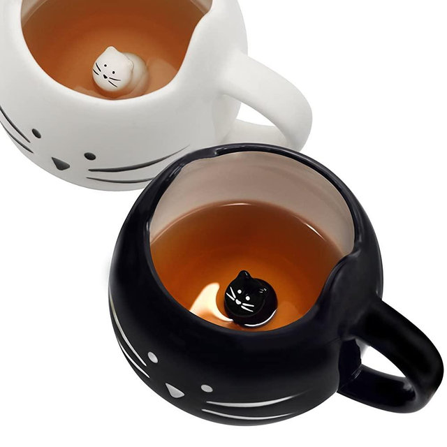 Koolkatkoo Cute Cat Coffee Mug Set for Girls Women Ceramic Kitty Tea Couple Mugs for Cat Lovers 12 oz Meow Cup Black and White …