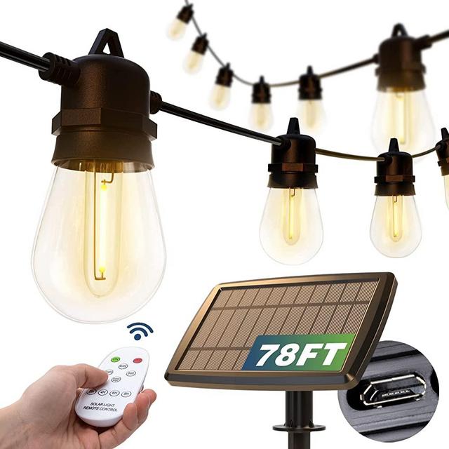 addlon 78(72+6) FT Solar String Lights Outdoor Waterproof with USB Port & Remote Control Solar Patio Lights Long Last for 20+Hrs Dimmable Solar Power LED Bulbs for Porch Garden Market Bistro