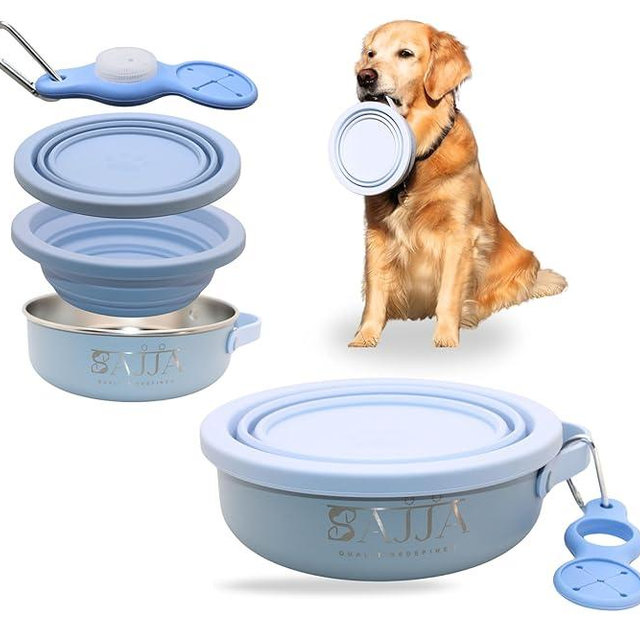 Sajja 3-in-1 Insulated Stainless Steel Dog Travel Bowl with Collapsable Lid, Handle and Water Bottle Holder with Carabiner| BPA -Free | Non Slip Rubber Bottom| Portable, Great for Indoor & Outdoor