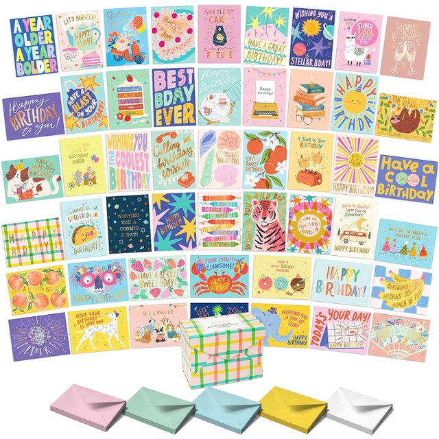 Sweetzer & Orange Happy Birthday Cards with Envelopes and Assortment Box – Variety Set of 50 Assorted Birthday Notes. Perfect Bulk Pack for Celebrations, Office, Friends & Special Occasions-4x5.5