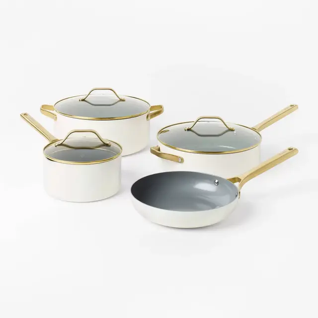 7pc Nonstick Ceramic Coated Aluminum Cookware Set with Champagne Handles Cream - Figmint™