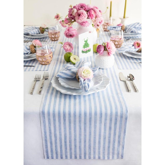 Solino Home Stripe Linen Table Runner – 100% Pure Linen Sky Blue and White Table Runner 14 x 48 Inch – Farmhouse Washable Fabric Table Runner – Amalfi Stripe