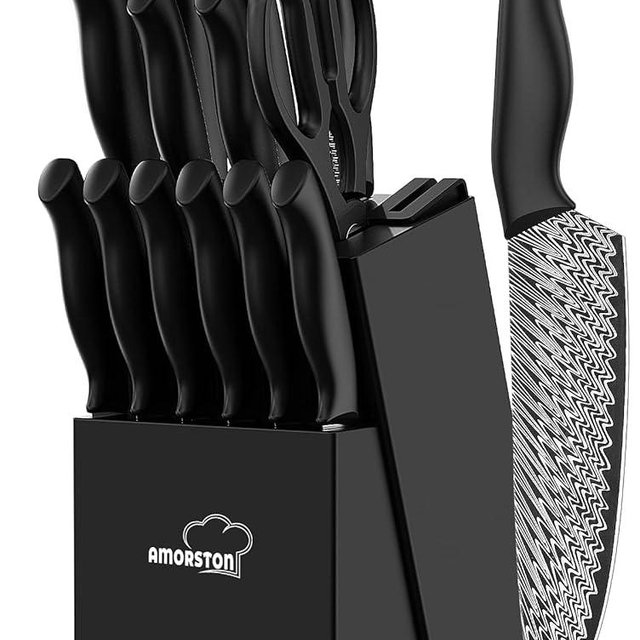 Knife Set, 15 Pieces Kitchen Knife Set with Built in Knife Sharpener Block