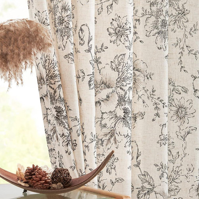 jinchan Linen Curtains Floral Curtains for Living Room 96 Inch Length Black Printed Curtains Rod Pocket Back Tab Farmhouse Peony Flower Patterned Drapes Bedroom Window Curtain Set 2 Panels