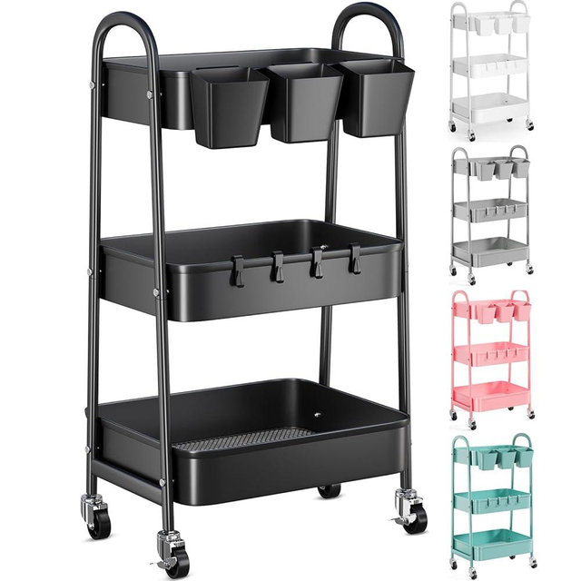 3 Tier Black Metal Rolling Cart with Lockable Wheels & Hanging Cups, Three Tiered Utility Storage Organizer on Wheels for Bathroom, Kitchen, Laundry Room, Art, Craft, Baby Diaper Caddy, Snack, Book