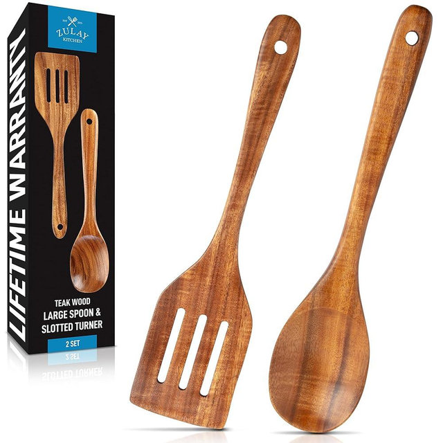 Zulay Kitchen Teak Wood Utensil Set – 2 Piece Large Wooden Cooking Spoon and Slotted Turner, Handcrafted Natural Teak Wood Kitchen Utensils, Durable, Nonstick Safe & Smooth Finish