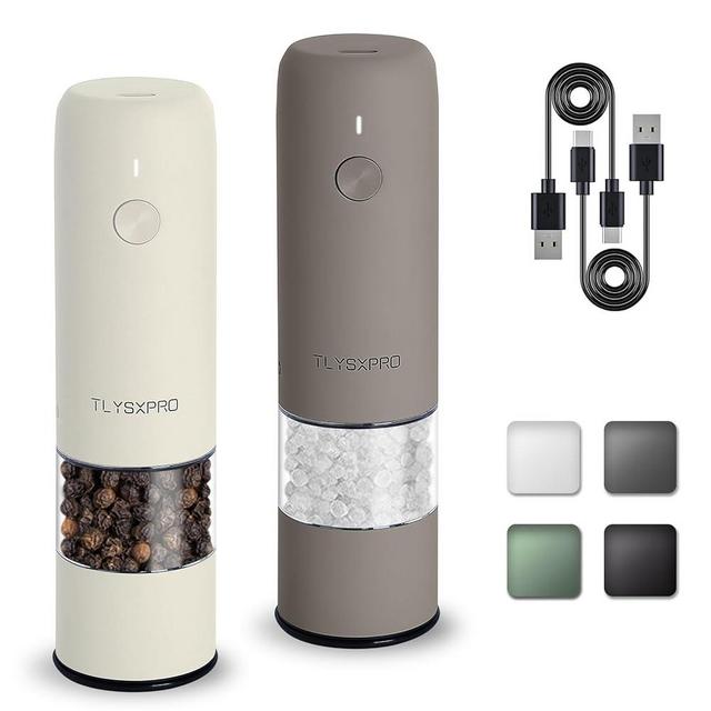 Small Electric Salt and Pepper Grinder Set, USB Rechargeable, Automatic Pepper Grinder Shakers Mill with Adjustable Coarseness, One Hand Operation for Kitchen Gadgets (2 Packs, Greige&Buttercream)