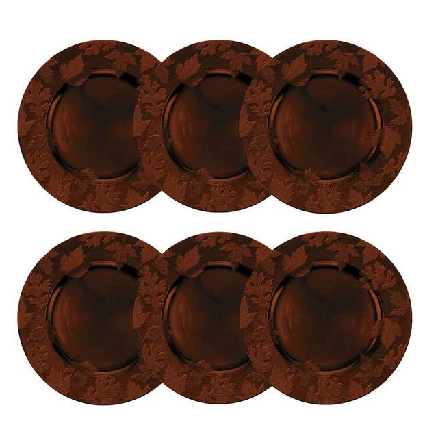Round Embossed Holiday Decorative Charger Plates, 14 Inches Round, Set of 6, for Dining Table or Décor (Fall Brown)