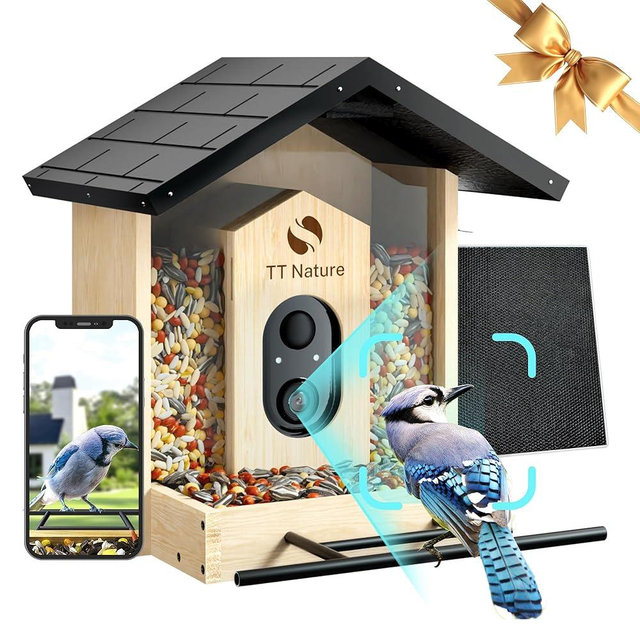 TT Nature Bird Feeder with Camera Solar Powered, Upgraded 1.5L Smart Bird Feeder Camera for Bird Watching, Auto Capture & Real-time Notifications, Ideal Gift for Bird Lovers