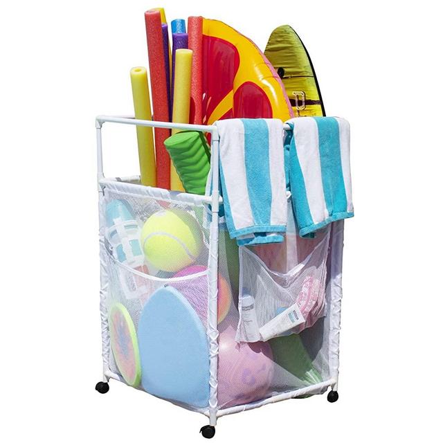 Essentially Yours Rolling Pool Noodle Storage Organizer Bin, Standard Noodle Holder, 24" W x 24" L x 38" H, White Mesh/White PVC Style 510643