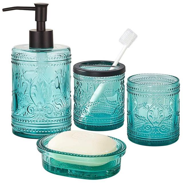 KMWARES 4PCs Heavy Weight Decent Real Solid Teal Blue Glass Bathroom Accessories Set with Decorative Pressed Pattern - Includes Hand Soap Dispenser & Tumbler & Soap Dish & Toothbrush Holder