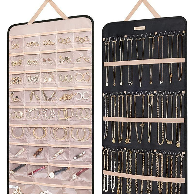BAGSMART Hanging Jewelry Organizer Storage Roll with Hanger Metal Hooks Double-Sided Jewelry Holder for Earrings, Necklaces, Rings on Closet, Wall, Door, 1 piece, Extra Large, Black