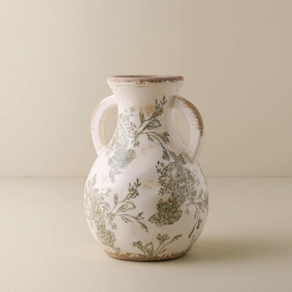 Green and White Distressed Vase with Handle